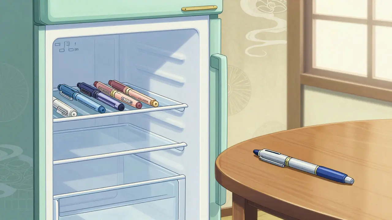 Korrekt gelagertes Insulin im Kühlschrank und bei Raumtemperatur in Anime-Optik.