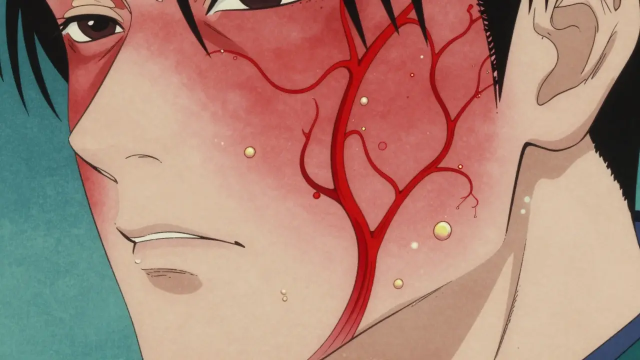 Künstlerische Darstellung von erweiterten Blutgefäßen und Entzündungen der Haut.