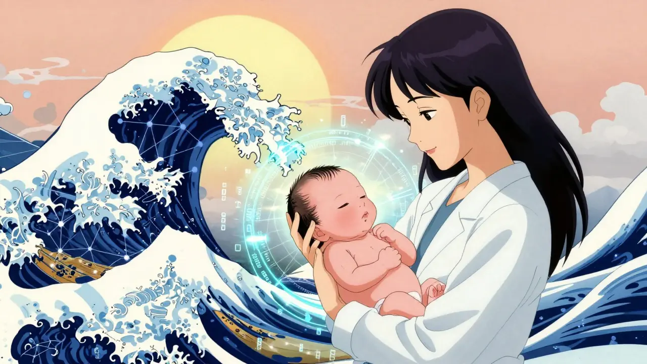Mutter mit Neugeborenen, umgeben von digitalen Datennetzen und einem Sonnenaufgang.