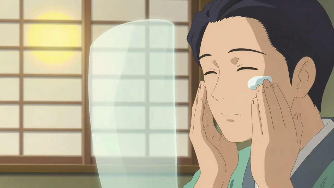 Person bei der sanften Anwendung einer Hautcreme zur Barrierepflege.