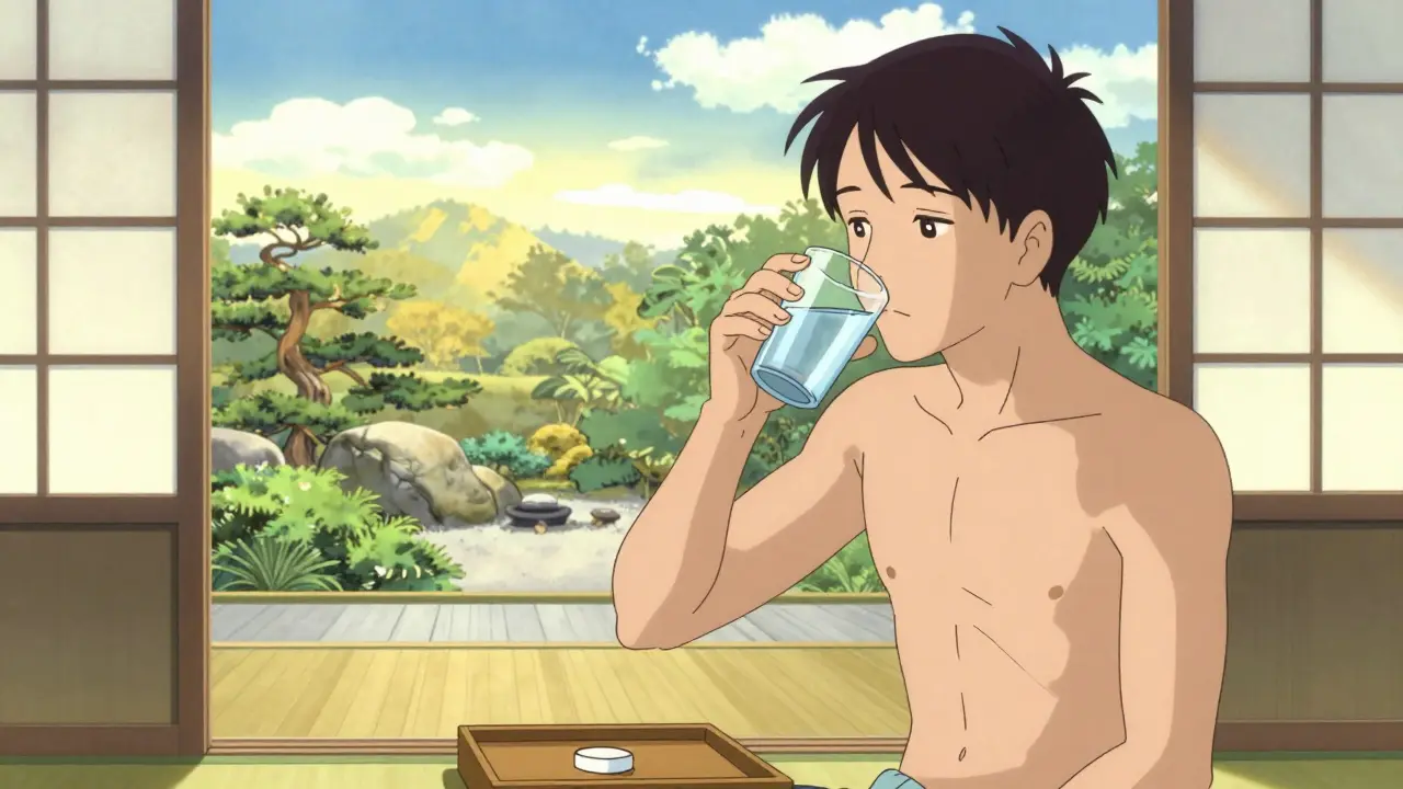 Person bei einer gesunden Morgenroutine in einem traditionellen japanischen Raum.