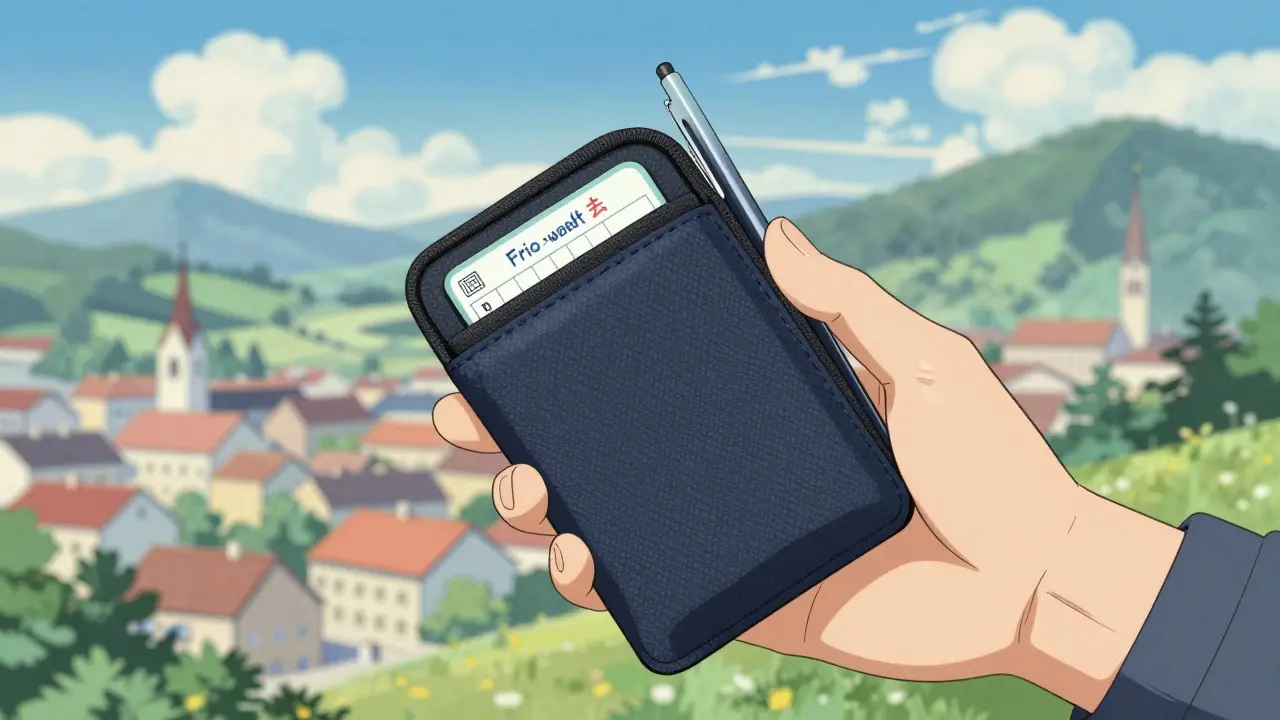 Person mit einer speziellen Kühlhülle für Insulin auf einer Reise im Ukiyo-e-Stil.