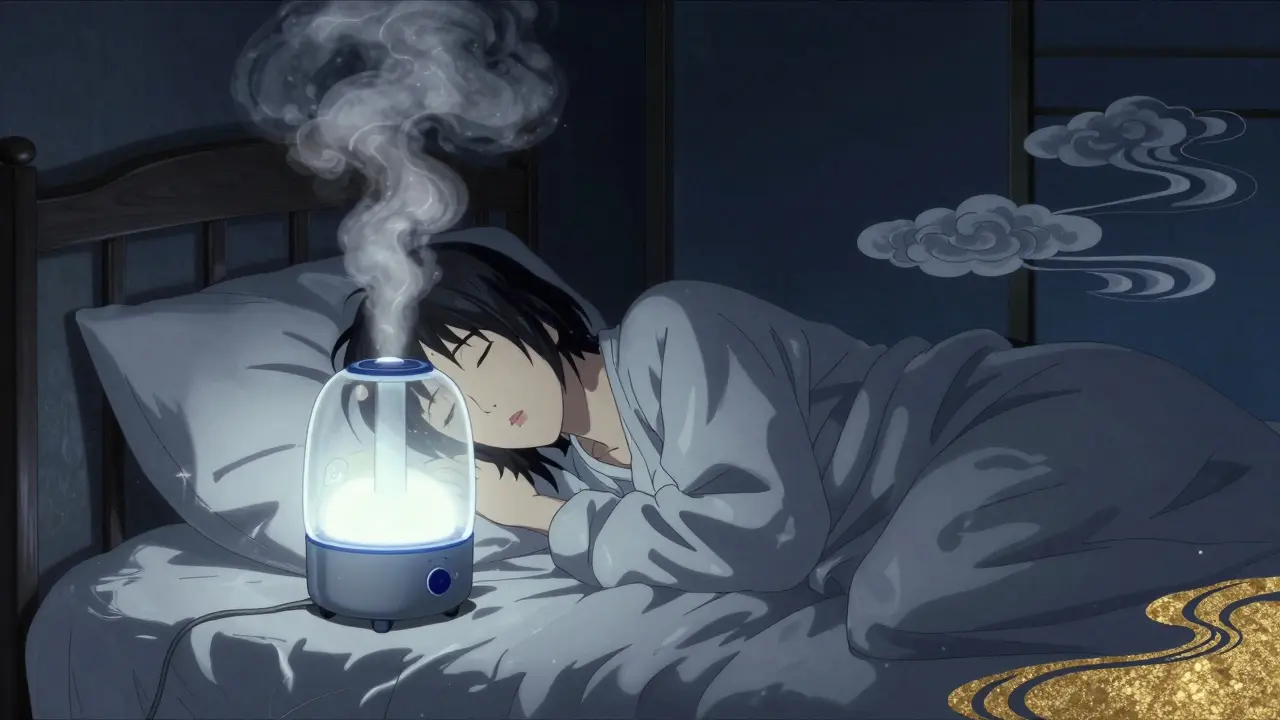 Schlafzimmer mit Luftbefeuchter zur Vermeidung von Mundtrockenheit im Anime-Ukiyo-e-Stil.
