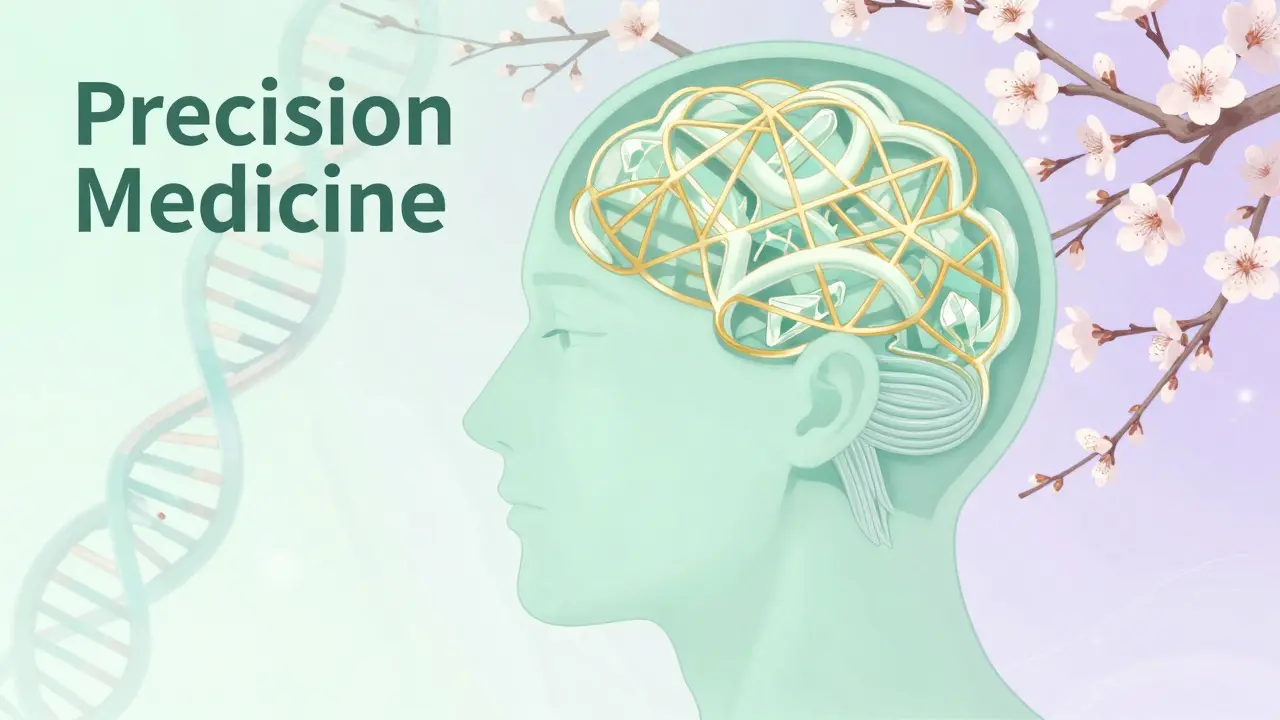 Stilisierte Darstellung eines stabilisierten Gehirns und genetischer Marker.