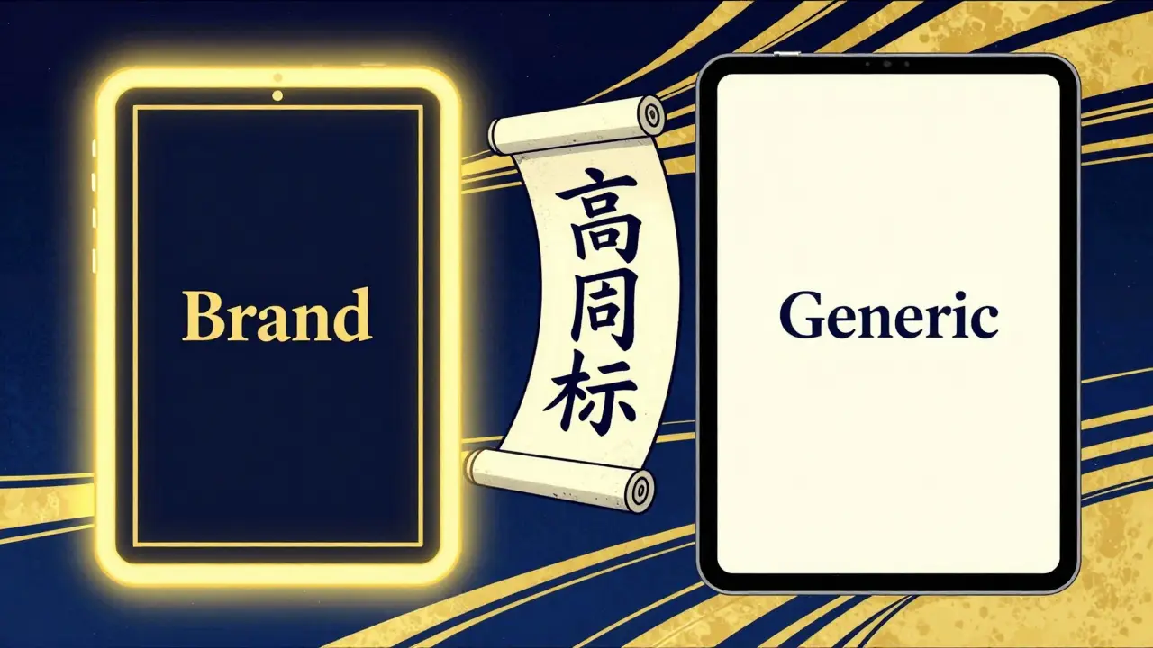 Symbolische Darstellung von Markenmedikament und Generikum mit einem Rechtsdokument.