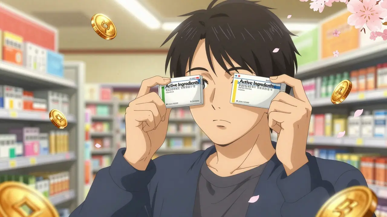 Verbraucher prüft aufmerksam die Wirkstoffe auf zwei Medikamentenpackungen.