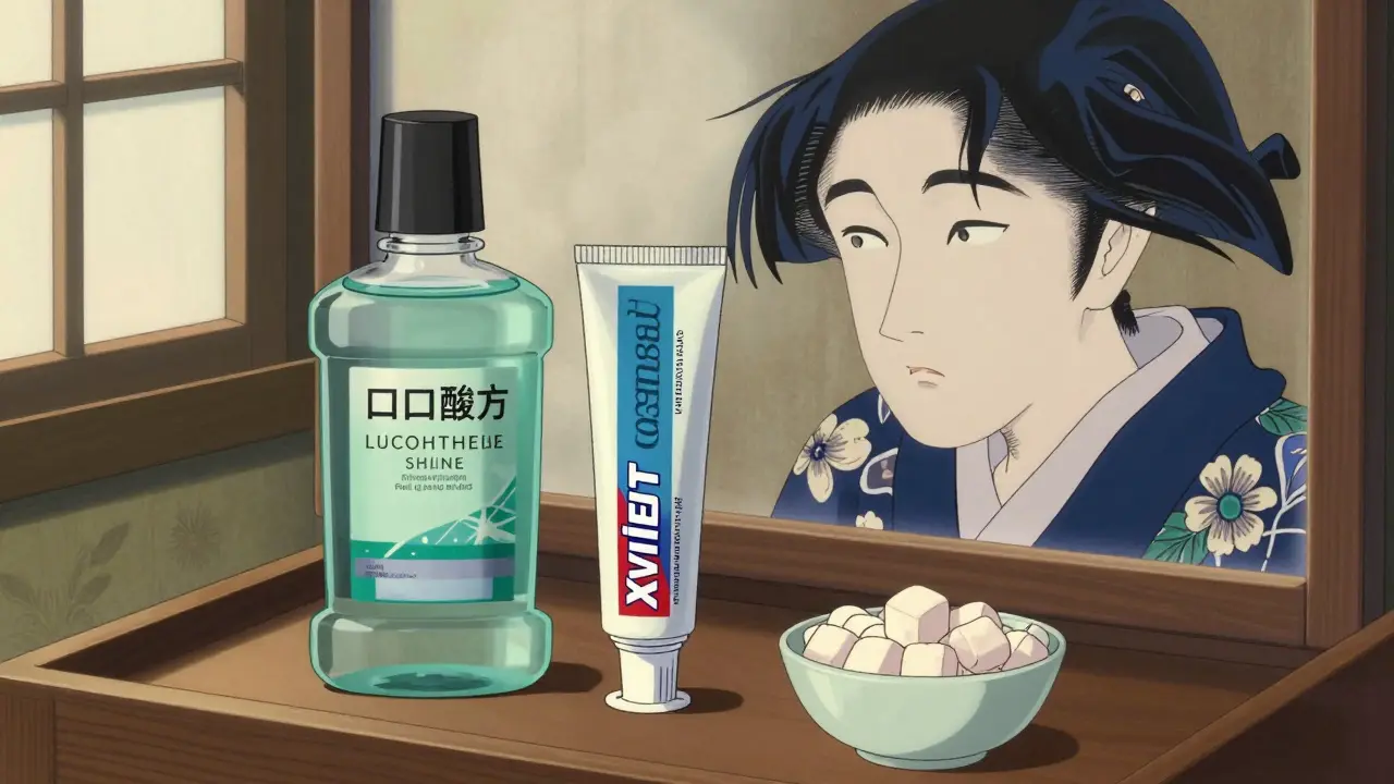 Verschiedene Produkte zur Linderung von Mundtrockenheit in einem traditionellen japanischen Stil.