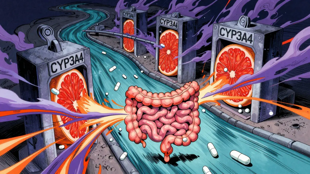 Abstrakte Darstellung der Enzymblockade im Darm im Manga-Stil