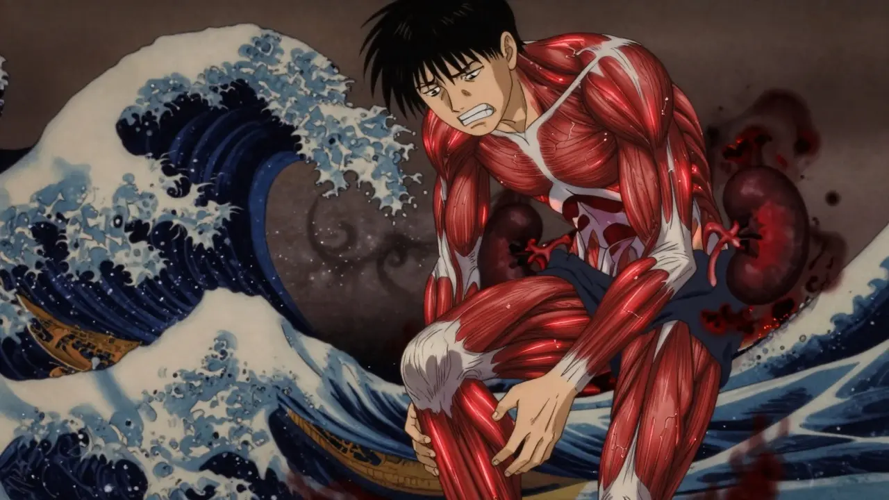 Anime-Figur mit Muskelschmerzen und Warnsymbolen für Rhabdomyolyse