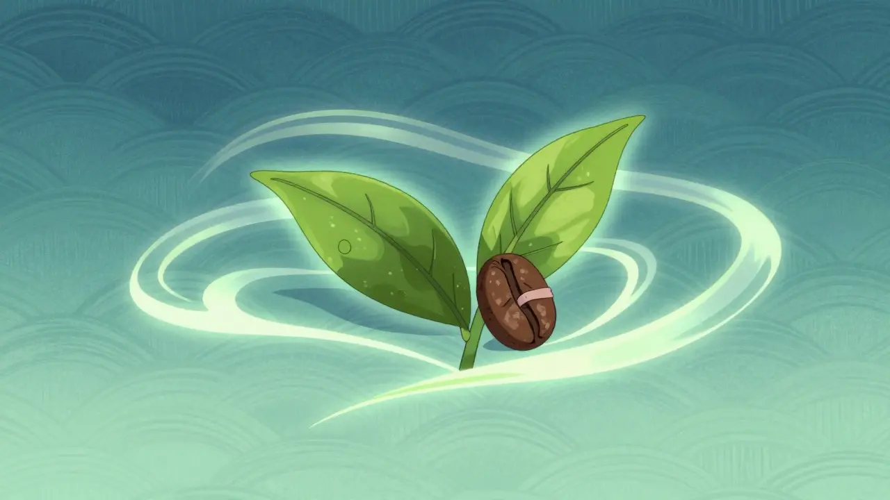 Grüner Teeblatt und Kaffeebohne in harmonischer Balance, dargestellt im Anime-Stil