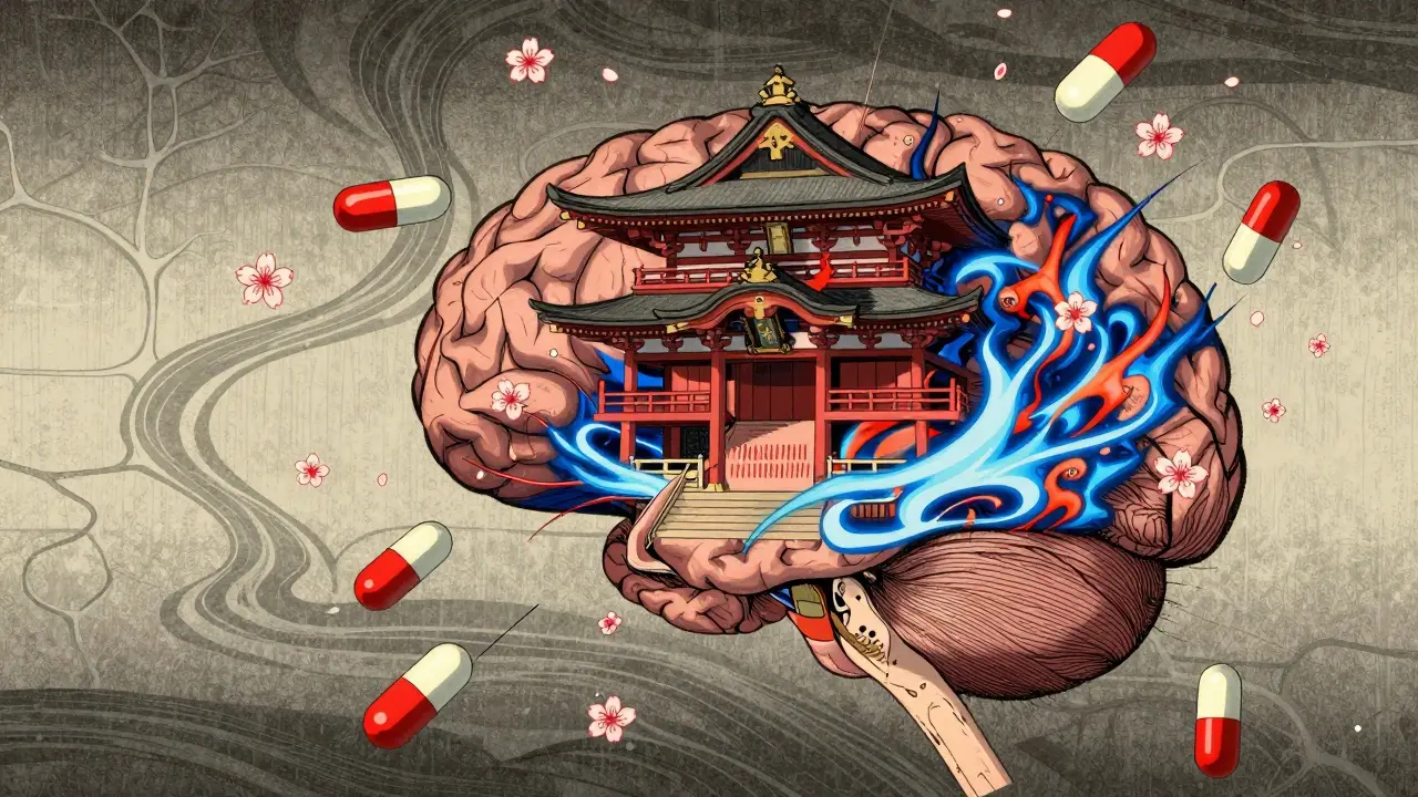 Künstlerische Darstellung des Gehirns und Medikamenteneinflusses im Ukiyo-e-Stil