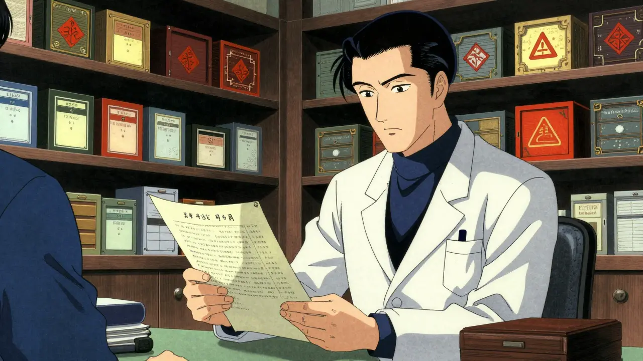 Manga-Illustration: Ein Apotheker überprüft streng die Vorschriften für ein risikoreiches Medikament.