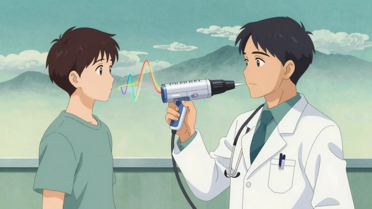 Patient führt Spirometrie-Test durch, dargestellt im Ukiyo-e-Anime-Stil.