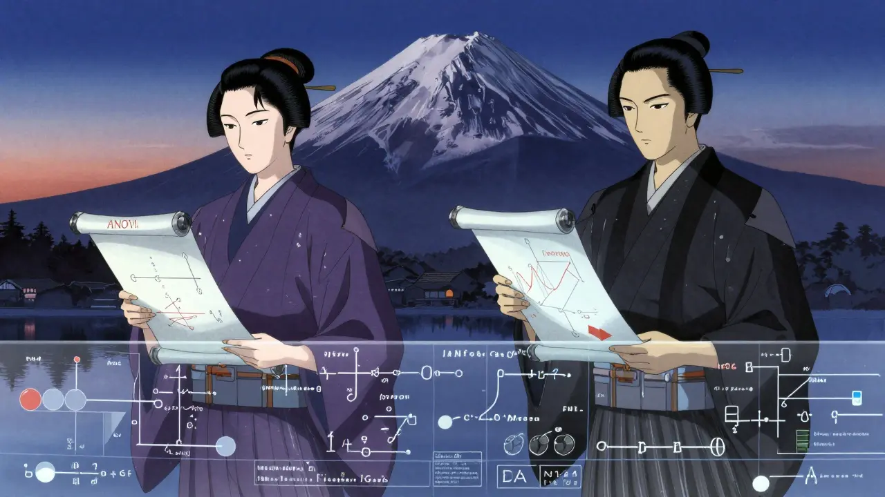 Regulatorische Figuren vor Datenstrom und Berg Fuji im Anime-Stil