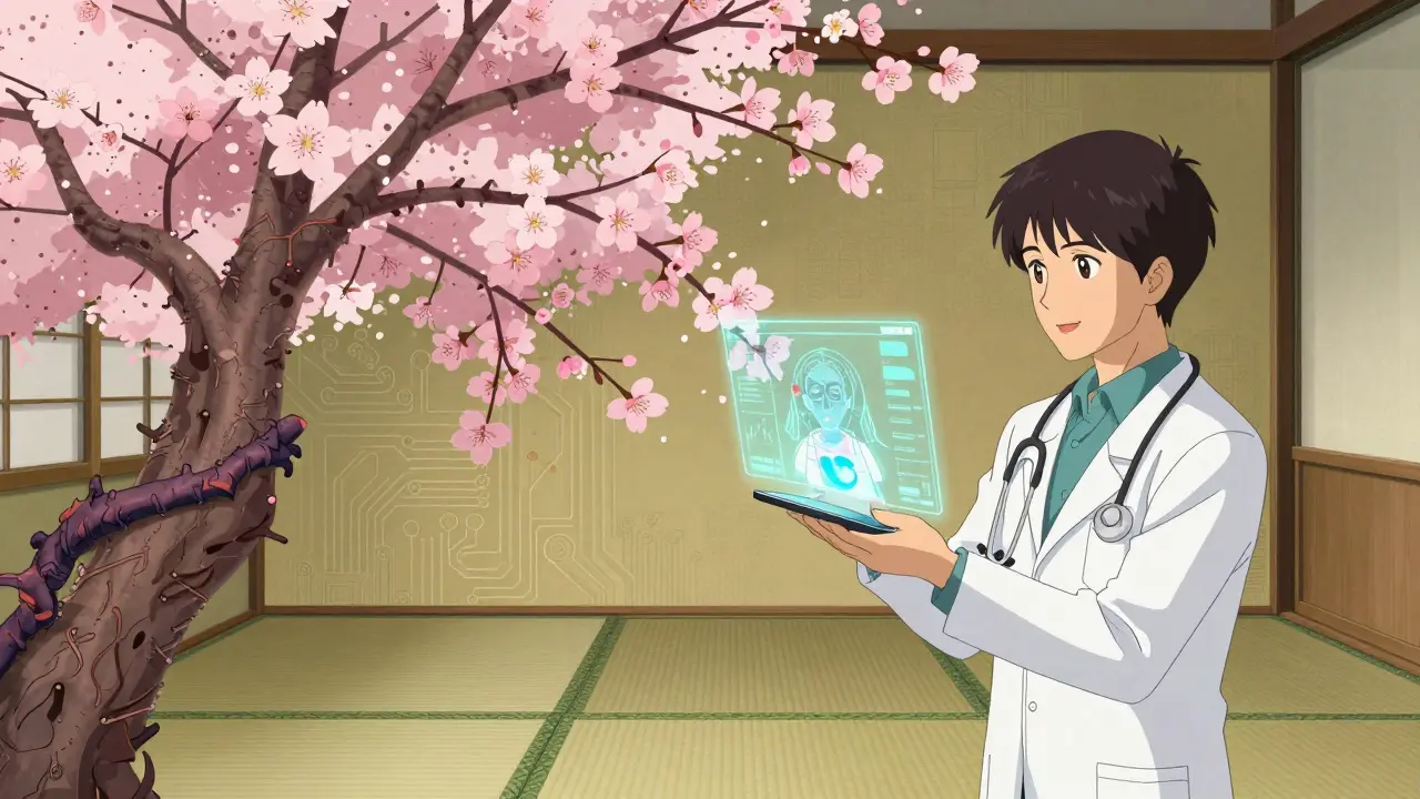 Ukiyo-e-Anime: Digitale Gesundheitsdaten blühen als Kirschzweige auf einem Smartphone.