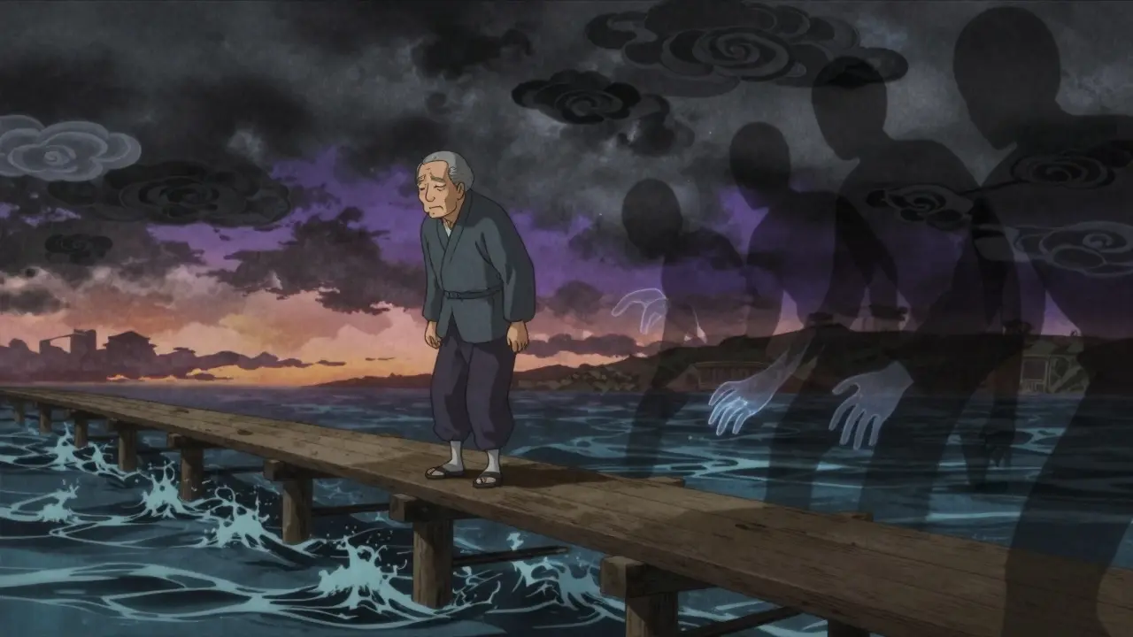 Anime-Stil: Eine Person steht unsicher auf einer Brücke, was Sturzrisiken und Gedächtnisverlust symbolisiert.