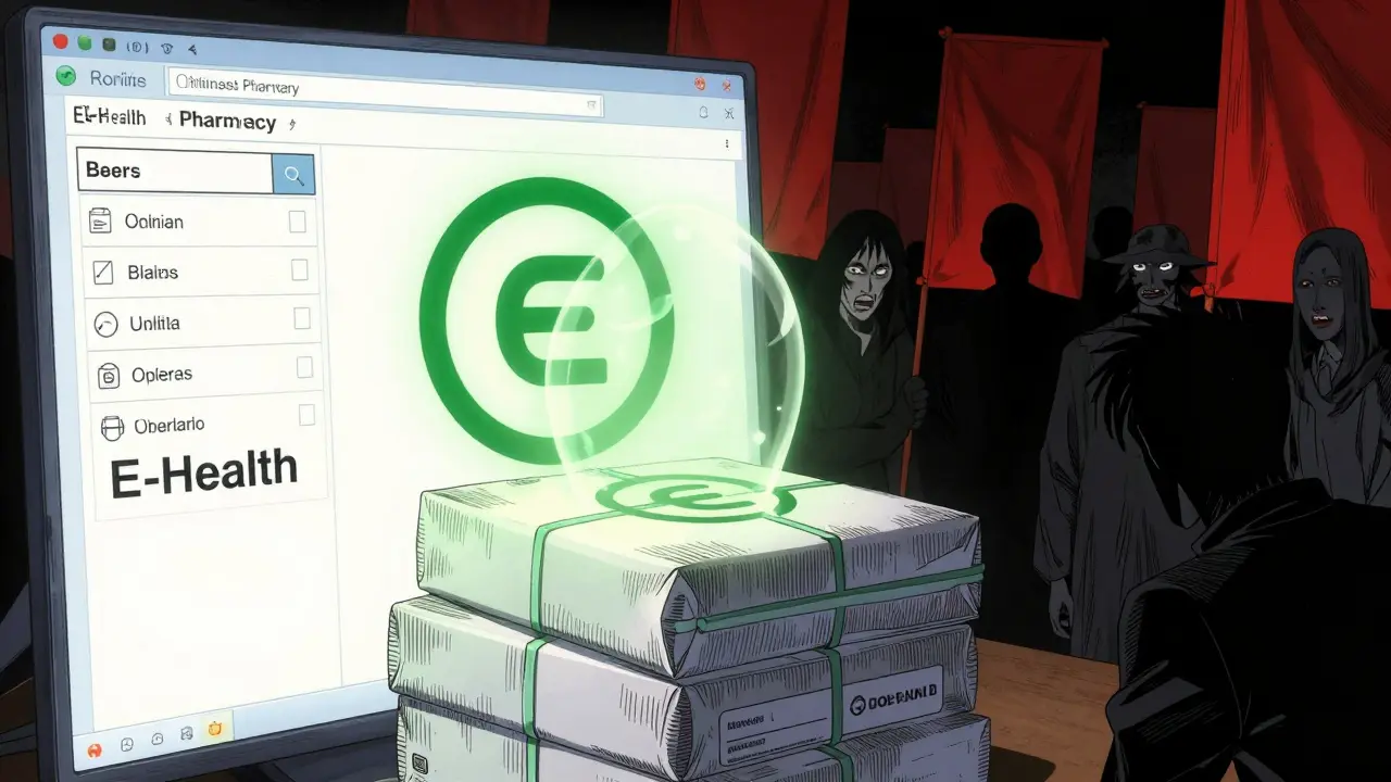 Anime-Stil: Sichere Online-Apotheke mit grünem Logo versus schattige Fälscher
