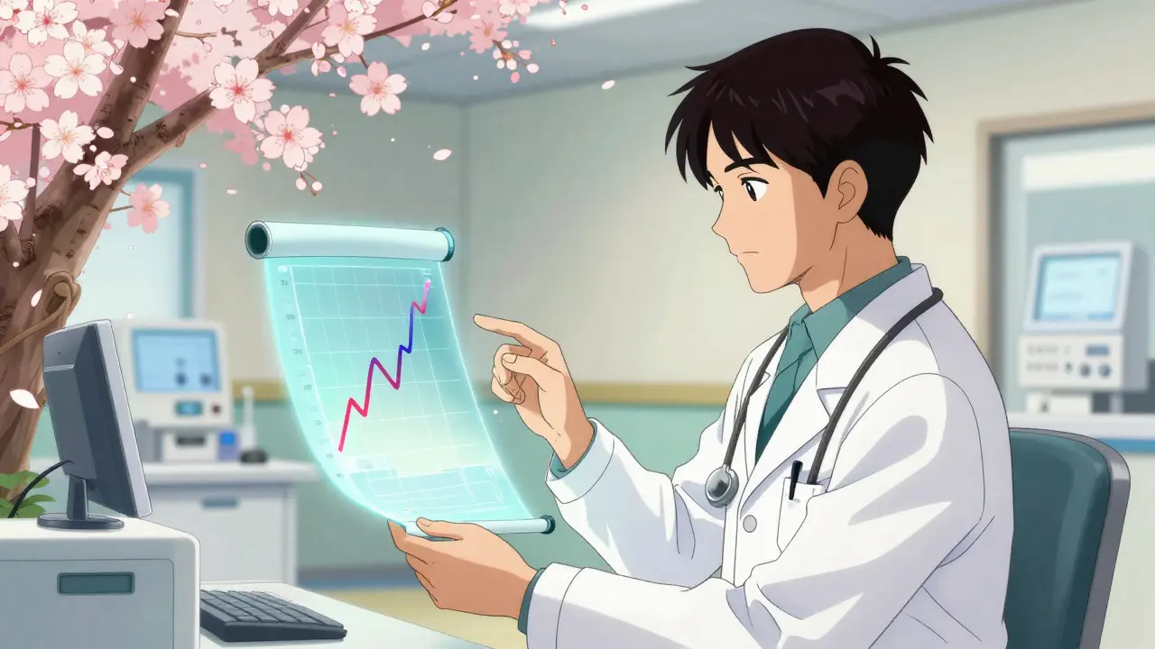 Arzt betrachtet Hologramm mit kontinuierlicher Dosierungskurve in Anime-Ukiyo-e-Stil