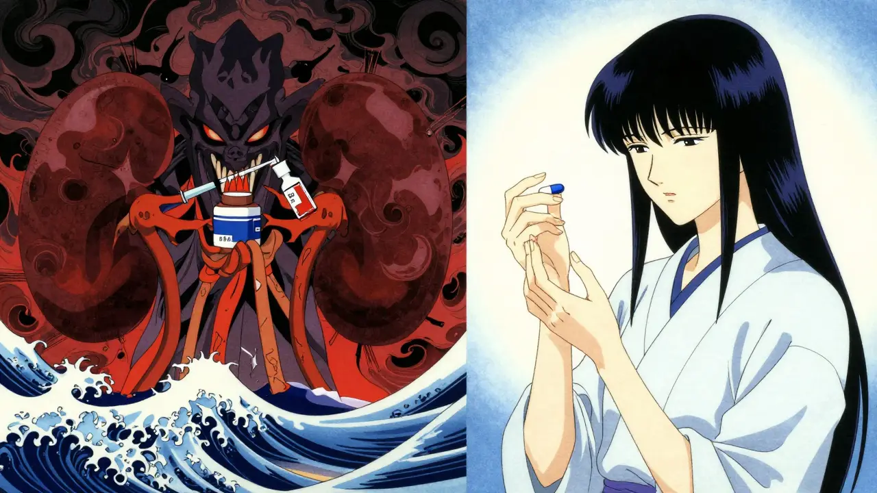 Gefährliche vs. sichere Medikamente im Anime-Stil dargestellt