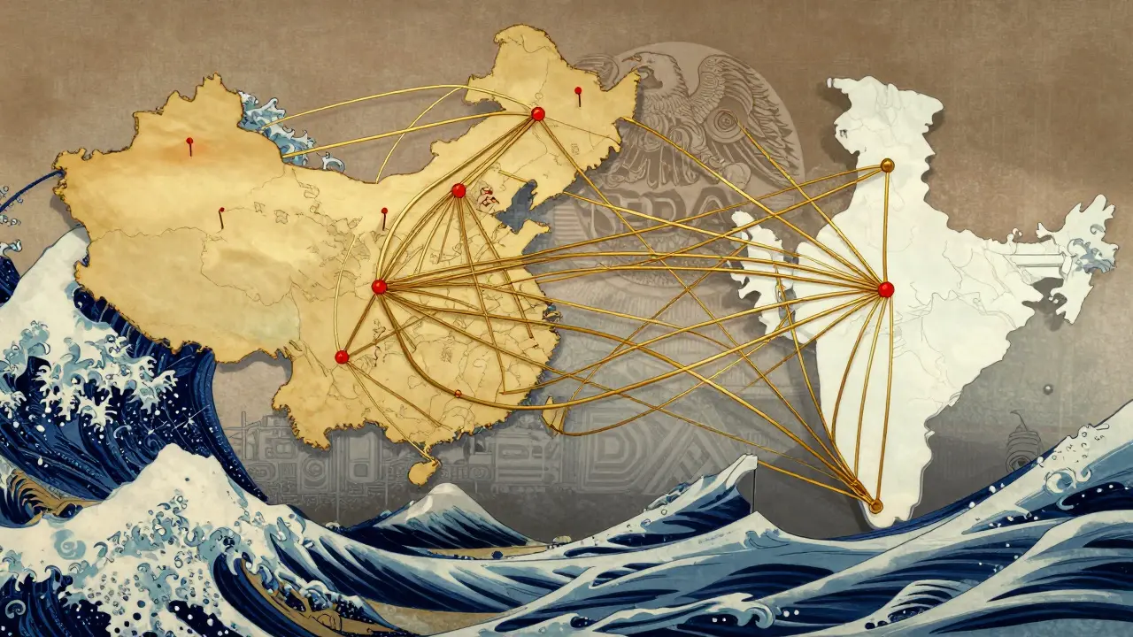 Visuelle Darstellung der Lieferkettenabhängigkeit zwischen China und Indien