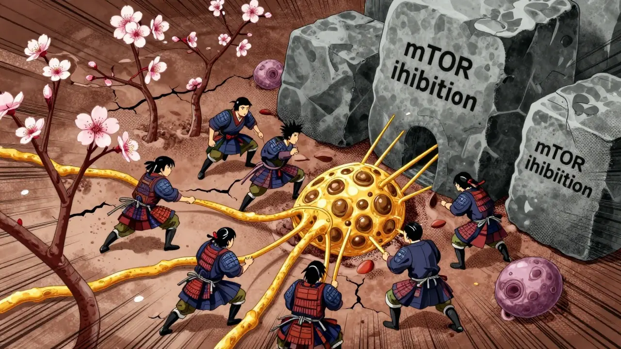 Zelluläre Darstellung im Anime-Stil: Fibroblasten kämpfen gegen mTOR-Hemmung bei der Wundheilung.