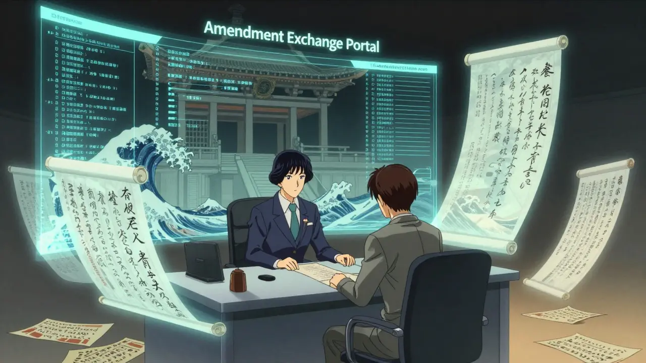 Anime-Stil: Ein Mitarbeiter nutzt ein digitales Portal für Gesetzesänderungen