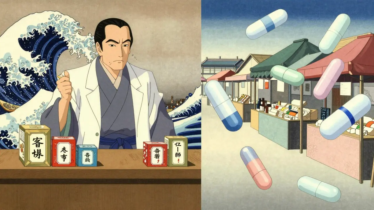 Apotheker und Medikamente im Ukiyo-e-Anime-Stil dargestellt