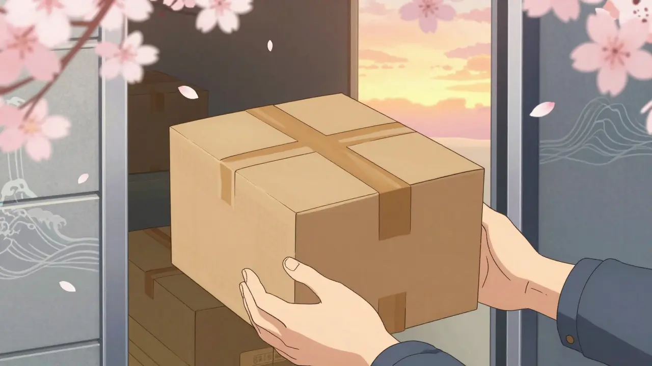 Diskrete Medikamentenlieferung am Haustür im stilisierten Anime-Look