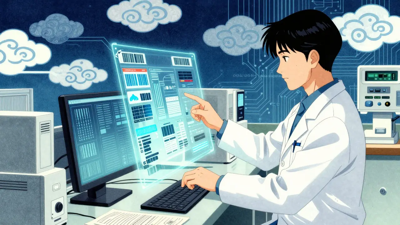 Moderne Apotheke mit digitaler Schnittstelle im japanischen Stil